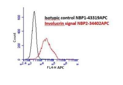 Flow Cytometry: Mouse IgG1 Kappa Isotype Control (P3.6.2.8.1) [Allophycocyanin] [NBP1-43319APC] - Analysis of Involucrin signal in human keratinocytes. Red: anti-IVL antibody. BLACK: Isotype control NBP1-43319APC at 1:100. Image from verified customer review.