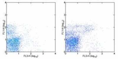 Flow Cytometry: Mouse IgM Antibody (II/41) [PE/Cy5] [NBP1-43068] - Staining of C57Bl/6 bone marrow cells with Anti-Human/Mouse CD45R (B220) FITC and 0.06 ug of Rat IgG2a Isotype Control PE-Cy5 (left) or 0.06 ug of Anti-Mouse IgM PE-Cy5 (right). Total viable cells were used for analysis.