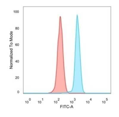 Flow Cytometry: Mxi1 Antibody (PCRP-MXI1-1A3) [NBP3-08353] - Flow Cytometric Analysis of PFA-fixed HeLa cells. Mxi1 Mouse Monoclonal Antibody (PCRP-Mxi1-1A3) followed by goat anti- Mouse IgG-CF488 (blue); unstained cells (red).