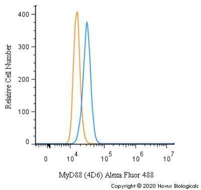 Flow Cytometry: MyD88 Antibody (4D6) [Alexa Fluor® 488] [NBP2-27369AF488] - An intracellular stain was performed on MCF7 cells with MyD88 [4D6] Antibody NBP2-27369AF488 (blue) and a matched isotype control (orange). Cells were fixed with 4% PFA and then permeabilized with 0.1% saponin. Cells were incubated in an antibody dilution of 10 ug/mL for 30 minutes at room temperature. Both antibodies were conjugated to Alexa Fluor 488.