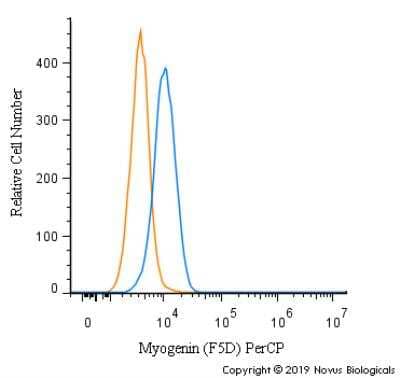 Flow Cytometry: Myogenin Antibody (F5D) - Azide and BSA Free [NBP2-34616] - An intracellular stain was performed on RH-30 cells with Myogenin Antibody [F5D] NBP2-34616PCP (blue) and a matched isotype control (orange). Cells were fixed with 4% PFA and then permeablized with 0.1% saponin. Cells were incubated in an antibody dilution of 5 ug/mL for 30 minutes at room temperature. Both antibodies were conjugated to PerCP.