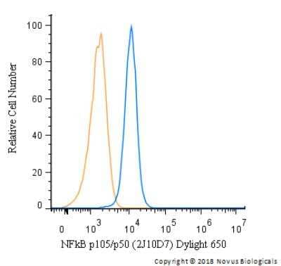 Flow Cytometry: NFkB p105/p50 Antibody (2J10D7) [DyLight 650] [NB100-56583C] - An intracellular stain was performed on Jurkat cells with NFkB p105/p50 Antibody (2J10D7) NB100-56583C (blue) and a matched isotype control (orange). Cells were fixed with 4% PFA and then permeablized with 0.1% saponin. Cells were incubated in an antibody dilution of 2.5 ug/mL for 30 minutes. Both antibodies were conjugated to Dylight 650. 