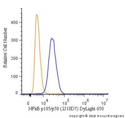 Flow Cytometry: NFkB p105/p50 Antibody (2J10D7) [DyLight 650] [NB100-56583C] - An intracellular stain was performed on U2-OS cells with NFkB p105/p50 [2J10D7] Antibody NB100-56583C (blue) and a matched isotype control (orange). Cells were fixed with 4% PFA and then permeabilized with 0.1% saponin. Cells were incubated in an antibody dilution of 2.5 ug/mL for 30 minutes at room temperature. Both antibodies were conjugated to DyLight 650.