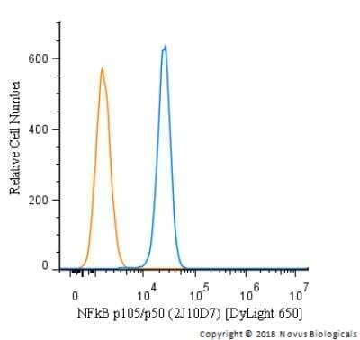 Flow Cytometry: NFkB p105/p50 Antibody (2J10D7) [DyLight 650] [NB100-56583C] - An intracellular stain was performed on U937 cells with NFkB p105/p50 [2J10D7] Antibody NB100-56583C (blue) and a matched isotype control (orange). Cells were fixed with 4% PFA and then permeabilized with 0.1% saponin. Cells were incubated in an antibody dilution of 2.5 ug/mL for 30 minutes at room temperature. Both antibodies were conjugated to DyLight 650.