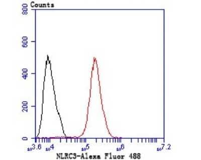 Flow Cytometry: NLRC3 Antibody [NBP2-75593] - Analysis of MCF-7 cells with NLRC3 antibody at 1/50 dilution (red) compared with an unlabelled control (cells without incubation with primary antibody; black). Alexa Fluor 488-conjugated Goat anti rabbit IgG was used as the secondary antibody.