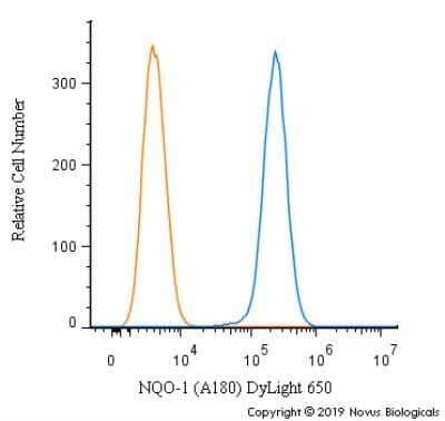 Flow Cytometry: NQO-1 Antibody (A180) - Azide and BSA Free [NBP2-80885] - An intracellular stain was performed on U-87 cells with NQO-1 [A180] Antibody NB200-209C (blue) and a matched isotype control (orange). Cells were fixed with 4% PFA and then permeabilized with 0.1% saponin. Cells were incubated in an antibody dilution of 2.5 ug/mL for 30 minutes at room temperature. Both antibodies were directly conjugated to DyLight 650.