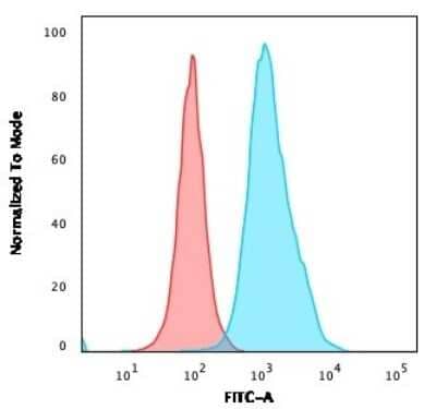 Flow Cytometry: Neprilysin/CD10 Antibody (FR4D11) [NBP2-44868] - Flow Cytometric Analysis of Ramos cells using Neprilysin/CD10 Antibody (FR4D11) followed by goat anti-Mouse IgG-CF488 (Blue); Isotype control (Red).