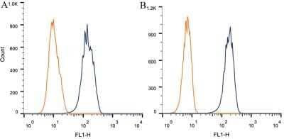 Flow Cytometry: Nestin Antibody (10C2) - Azide and BSA Free [NBP2-80869] - Intracellular flow cytometric staining of 1 x 10^6 CHO (A) and HEK-293 (B) cells using Nestin antibody (dark blue). Isotype control shown in orange. An antibody concentration of 1 ug/1 x 10^6 cells was used. Image from the standard format of this antibody.