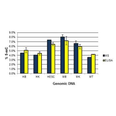 ELISA: Non-species specific 5-MethylCytosine ELISA Kit (Colorimetric) [NBP2-62131] - Comparison of genomic DNA Mass Spectroscopy versus 5-MethylCytosine ELISA analysis. Genomic DNA samples include: human brain (HB), human kidney (HK), human embryonic stem cell (HESC), mouse brain (MB), mouse kidney (MK), and mouse testes (MT).