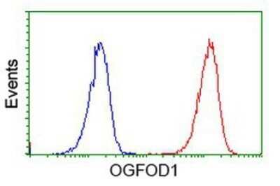Flow Cytometry: OGFOD1 Antibody (OTI1D9) - Azide and BSA Free [NBP2-73145] - Analysis of Jurkat cells, using anti-OGFOD1 antibody, (Red), compared to a nonspecific negative control antibody (Blue).