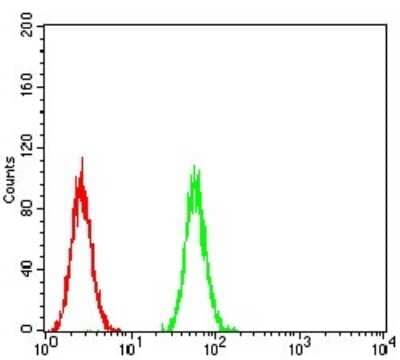 Flow Cytometry: P2Y13/P2RY13/GPR86 Antibody (3E8C12) [NBP2-52527] - Analysis of Hela cells using P2RY13 mouse mAb (green) and negative control (red).