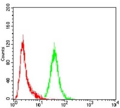 Flow Cytometry: P2Y13/P2RY13/GPR86 Antibody (6G12E10) [NBP2-52526] - Analysis of Hela cells using P2RY13 mouse mAb (green) and negative control (red).