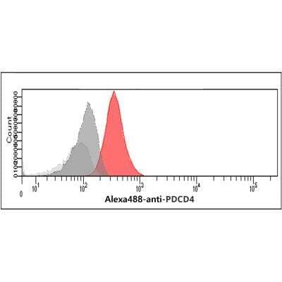 Flow Cytometry: PDCD4 Antibody (4C2) [NBP3-18224] - Flow cytometry analysis of PDCD4 in MCF7 cells. The cell was stained with NBP3-18224 at 2-5ug for 1x10^6cells (red). A Goat anti-mouse IgG (Alexa fluor 488) was used as the secondary antibody. Mouse monoclonal IgG was used as the isotype control (dark gray), cells without incubation with primary and secondary antibody was used as the negative control (light gray).