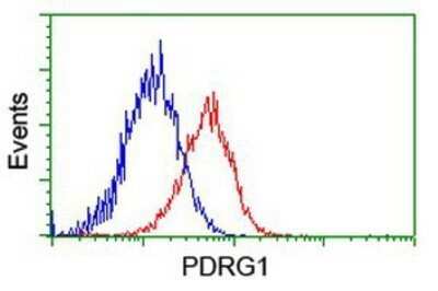 Flow Cytometry: PDRG1 Antibody (OTI4F12) - Azide and BSA Free [NBP2-73320] - Analysis of Hela cells, using anti-PDRG1 antibody, (Red), compared to a nonspecific negative control antibody (Blue).