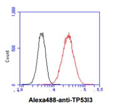 Flow Cytometry: PIG3 Antibody (1C9) [NBP2-22591] - Flow cytometry analysis of PIG3  in A549 cell line, staining at 2-5ug for 1x106cells (red line). The secondary antibody used goat anti-mouse IgG Alexa fluor 488 conjugate. Isotype control antibody was mouse IgG (black line).