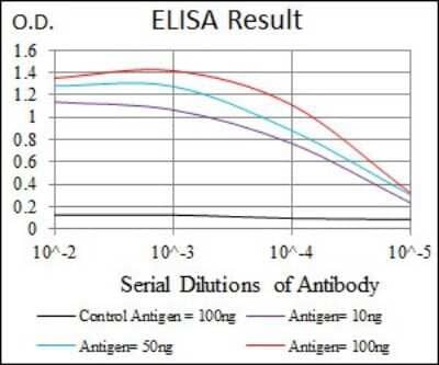 ELISA: PIK3CA Antibody (4F3) [NBP2-37511] - Red: Control Antigen (100ng); Purple: Antigen (10ng); Green: Antigen (50ng); Blue: Antigen (100ng);