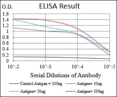 ELISA: PKA C alpha Antibody (7H3A4) [NBP2-37246] - Red: Control Antigen (100ng); Purple: Antigen (10ng); Green: Antigen (50ng); Blue: Antigen (100ng);