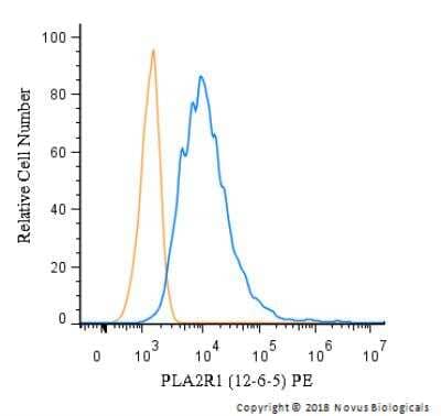 Flow Cytometry: PLA2R1 Antibody (12-6-5) [PE] [NBP2-50248PE] -  A surface stain was performed on HeLa cells with PLA2R1 Antibody (12-6-5) NBP2-50248PE (blue) and a matched isotype control (orange). Cells were incubated in an antibody dilution of 2.5 ug/mL for 20 minutes at room temperature. Both antibodies were conjugated to phycoerythrin.