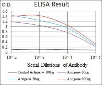 ELISA: PLAGL1 Antibody (8F9D12) [NBP2-37344] - Red: Control Antigen (100ng); Purple: Antigen (10ng); Green: Antigen (50ng); Blue: Antigen (100ng);