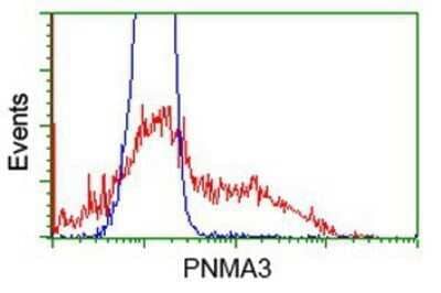 Flow Cytometry: PNMA3 Antibody (OTI1C3) - Azide and BSA Free [NBP2-73485] - HEK293T cells transfected with either overexpression plasmid (Red) or empty vector control plasmid (Blue) were immunostaining by anti-PNMA3 antibody, and then analyzed by flow cytometry.