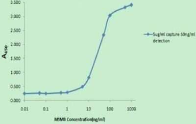 ELISA: PSP94/MSMB Antibody (OTI3D5) - Azide and BSA Free [NBP2-73625] - Standard curve for ELISA analysis with MSMB recombinant protein (dilution range from 10pg/ml to 1ug/ml) using MSMB Capture Antibody at 5ug/ml and HRP conjugated MSMB Detection mAb at 0.05ug/ml.