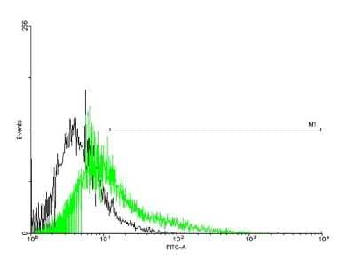 Flow Cytometry: PTEN2/TPTE Antibody [H00007179-B01P] - Analysis of negative control 293 cells (Black) and TPTE expressing 293 cells (Green) using TPTE purified mouse polyclonal antibody.
