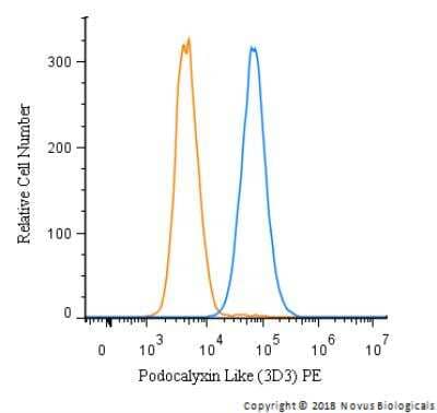 Flow Cytometry: Podocalyxin Like Antibody (3D3) [PE] [NBP2-33108PE] -  An intracellular stain was performed on HeLa cells with Podocalyxin Like Antibody (3D3) NBP2-33108PE and a matched isotype control (orange). Cells were fixed with 4% PFA and then permeabilized with 0.1% saponin. Cells were incubated in an antibody dilution of 5 ug/mL for 30 minutes at room temperature. Both antibodies were conjugated to phycoerythrin. 