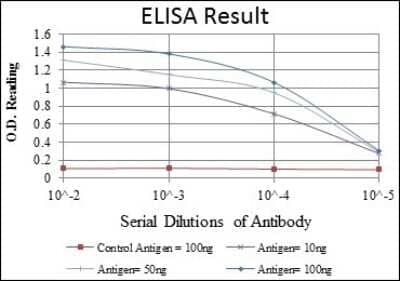 ELISA: Podocalyxin Like Antibody (5F5) [NBP2-37605] - Red: Control Antigen (100ng); Purple: Antigen (10ng); Green: Antigen (50ng); Blue: Antigen (100ng);