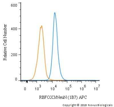 An intracellular stain was performed on A549 cells with RBFOXP3/NeuN (1B7) antibody NBP1-92693APC (blue) and a matched isotype control (orange). Cells were fixed with 4% PFA and then permeablized with 0.1% saponin. Cells were incubated in an antibody dilution of 1 ug/mL for 30 minutes at room temperature. Both antibodies were conjugated to Allophycocyanin.