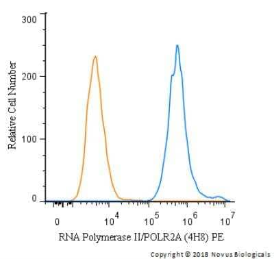 Flow Cytometry: RNA Polymerase II/POLR2A Antibody (4H8) [PE] [NB200-598PE] - An intracellular stain was performed on HeLa cells with RNA Polymerase II/POLR2A (4H8) antibody NB200-598PE (blue) and a matched isotype control (orange). Cells were fixed with 4% PFA and then permeablized with 0.1% saponin. Cells were incubated in an antibody dilution of 2.5 ug/mL for 30 minutes. Both antibodies were conjugated to phycoerythrin. 