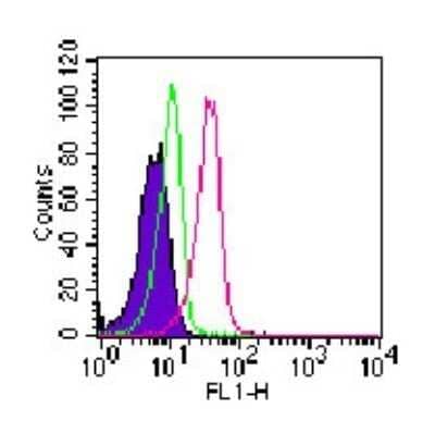 Flow Cytometry: ROR gamma/RORC/NR1F3 Antibody (4G419) - Azide and BSA Free [NBP2-80930] - Analysis using the FITC conjugate of NBP2-24449. Staining of ROR gamma in human lymphocytes using 10 ul (0.25 ug) of ROR gamma antibody. Shaded histogram represents cells without antibody; green represents isotype control antibody; red represents ROR gamma.