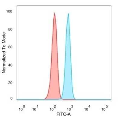 Flow Cytometry: RXR beta/NR2B2 Antibody (PCRP-RXRB-2B6) [NBP3-08445] - Flow Cytometric Analysis of PFA-fixed HeLa cells. RXR beta/NR2B2 Mouse Monoclonal Antibody (PCRP-RXR beta/NR2B2-2B6) followed by goat anti- Mouse IgG-CF488 (blue); unstained cells (red).