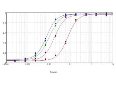 ELISA: Rabbit anti-Canine IgG F(ab')2 Secondary Antibody [HRP] [NBP1-73846] - ELISA results of purified Rabbit anti-Canine IgG F(ab')2 Secondary antibody [HRP] tested against purified Dog IgG Fab2. Each well was coated in duplicate with 1.0 ug of Dog IgG F(ab')2 (red line). The starting dilution of antibody was 5ug/ml and the X-axis represents the Log10 of a 3-fold dilution. This titration is a 4-parameter curve fit where the IC50 is defined as the titer of the antibody. Assay performed using TMB substrate.