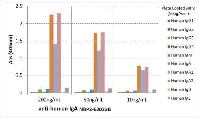 ELISA: IgA Antibody (RM128) [Biotin] [NBP2-62023B] - ELISA of human immunoglobulins shows that unconjugated form of this antibody (NBP2-62023) reacts to human IgA, including both IgA1 and IgA2. No cross reactivity with human IgG, IgM, IgD, or IgE. The plate was coated with different immunoglobulins. NBP2-62023 was used as the primary antibody. An alkaline phosphatase conjugated anti-Rabbit IgG was used as the secondary antibody.