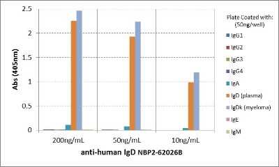 ELISA: IgD Antibody (RM123) [Biotin] [NBP2-62026B] - ELISA of human immunoglobulins shows NBP2-62026B reacts to IgD from human plasma and IgDk from human myeloma. No cross reactivity with human IgG, IgM, IgA, or IgE. The plate was coated with different immunoglobulins. NBP2-62026B was used as the primary antibody. An alkaline phosphatase conjugated anti-rabbit IgG as the secondary antibody.