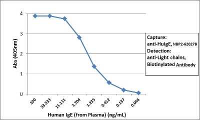 ELISA: IgE Antibody (RM122) [Biotin] [NBP2-62027B] - Sandwich ELISA using NBP2-62027B as the capture antibody (25 ng/well), and Biotinylated anti-human light chains (kappa + lambda) antibody as the detection antibody, followed by an alkaline phosphatase conjugated streptavidin.