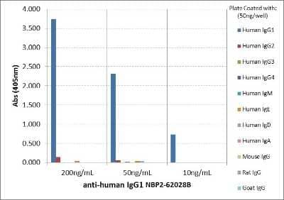 ELISA: IgG1 Antibody (RM117) [Biotin] [NBP2-62028B] - ELISA of human immunoglobulins shows NBP2-62028B only reacts to human IgG1. No cross reactivity with Human IgG2, IgG3, IgG4, IgE, IgD, IgA, mouse IgG, rat IgG, or goat IgG. The plate was coated with different immunoglobulins. NBP2-62028B was used as the primary antibody. An alkaline phosphatase conjugated anti-rabbit IgG as the secondary antibody.