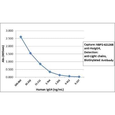 ELISA: Rabbit anti-Human IgG4 Secondary Antibody (RM120) [Biotin] [NBP2-62126B] - Sandwich ELISA using NBP2-62126B as the capture antibody, and Biotinylated anti-human light chains (kappa + lambda) antibody as the detection antibody, followed by an AP conjugated streptavidin.