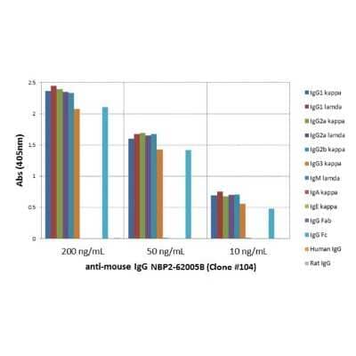 ELISA: IgG Antibody (RM104) [Biotin] [NBP2-62005B] - ELISA of mouse immunoglobulins shows NBP2-62005B reacts to the Fc region of mouse IgG1, IgG2a, IgG2b, and IgG3; no cross reactivity with IgM, IgA, IgE, human or rat IgG. The plate was coated with different immunoglobulins. NBP2-62005B was used as the primary antibody. An alkaline phosphatase conjugated anti-rabbit IgG as the secondary antibody.