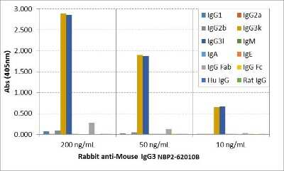 ELISA: IgG3 Antibody (RM218) [Biotin] [NBP2-62010B] - ELISA of mouse immunoglobulins shows NBP2-62010B reacts to both mouse IgG3k and IgG3 lambda. No cross reactivity with mouse IgG1, IgG2a, IgG2b, IgM, IgA, IgE, human IgG, or rat IgG. The plate was coated with different immunoglobulins. NBP2-62010B was used as the primary antibody. An alkaline phosphatase conjugated anti-rabbit IgG as the secondary antibody.