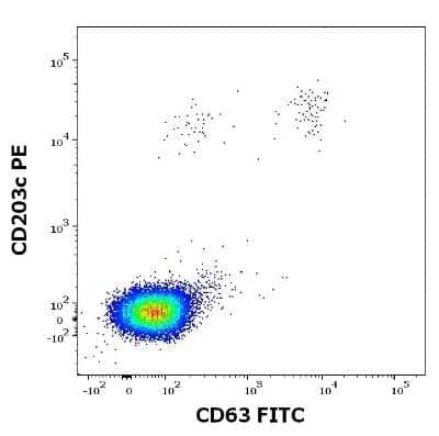 Flow Cytometry: Recombinant Fungi Alternaria alternata 1.0101 Strep (N-Term) Protein [NBP3-06716] - Flow cytometry dot-plot staining pattern of Alternaria alternata 1.0101 recombinant allergen stimulated human peripheral whole blood lymphocytes and basophils of a proven allergic donor stained using anti-human CD63 (NB100-77913) FITC and anti-human CD203c PE antibodies.