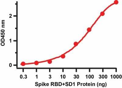 ELISA: Recombinant SARS-CoV-2 Spike (RBD+SD1) His (C-Term) Protein [NBP3-07950] - ELISA Validation of Spike Recombinant Protein. Coating Antigen: Spike recombinant protein (NBP3-07950) from 0.3 ng to 1000 ng. Capture Antibody: SARS-CoV-2 (COVID-19) Spike RBD antibody (1 ug/mL). Secondary: Goat anti-rabbit IgG HRP conjugate at 1:20000 dilution.