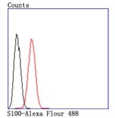 Flow Cytometry: S100A1 Antibody (JM51-31) [NBP2-67119] - Flow cytometric analysis of SH-SY5Y cells with S100A1 antibody at 1/50 dilution (red) compared with an unlabeled control (cells without incubation with primary antibody; black). Alexa Fluor 488-conjugated goat anti rabbit IgG was used as the secondary antibody.