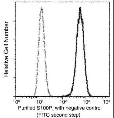 Flow Cytometry: S100P Antibody (207) [NBP2-90136] - Flow cytometric analysis of Human S100P expression on HeLa cells. The cells were treated according to manufacturer's manual (BD Pharmingen™ Cat. No. 554714), stained with purified anti-Human S100P, then a FITC-conjugated second step antibody. The fluorescence histograms were derived from gated events with the forward and side light-scatter characteristics of intact cells.