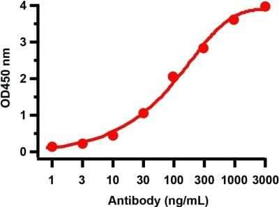 SARS-CoV-2 nsp2 Antibody [NBP3-07052] - Antibodies: SARS-CoV-2 (COVID-19) NSP2 Antibody. A direct ELISA was performed using SARS-CoV-2 NSP2 recombinant protein (10-425) as coating antigen and the anti-SARS-CoV-2 (COVID-19) NSP2 antibody as the capture antibody Secondary: Goat anti-rabbit IgG HRP conjugate at 1:20000 dilution. Detection range is from 1 ng/mL to 3000 ng/mL.