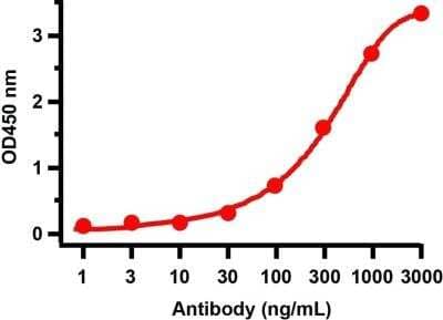 ELISA: SARS-CoV-2 nsp8 Antibody [NBP3-07046] - Antbodies: SARS-CoV-2 (COVID-19) NSP8 Antibody. A direct ELISA was performed using SARS-CoV-2 NSP8 recombinant protein (10-415) as coating antigen and the anti-SARS-CoV-2 (COVID-19) NSP8 antibody as the capture antibody. Secondary: Goat anti-rabbit IgG HRP conjugate at 1:20000 dilution. Detection range is from 1 ng/mL to 3000 ng/mL