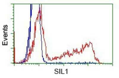 Flow Cytometry: SIL1 Antibody (OTI3E3) - Azide and BSA Free [NBP2-74193] - HEK293T cells transfected with either pCMV6-ENTRY SIL1.(Red) or empty vector control plasmid (Blue) were immunostaining with anti-SIL1 mouse monoclonal, and then analyzed by flow cytometry.