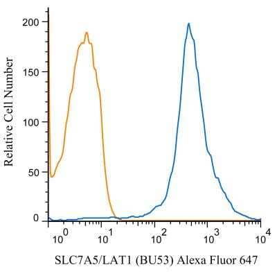 Flow (Cell Surface): SLC7A5/LAT1 Antibody (BU53) [Alexa Fluor 647] [NBP2-50465AF647] - A cell surface stain was performed on Raji cells with SLC7A5 (BU53) antibody NBP2-50465AF647 (blue) along with a matched isotype control NB600-986AF647 (orange). Cells were incubated in an antibody dilution of 1 ug/mL for 20 minutes at RT. Both antibodies were conjugated to Alexa Fluor 647.