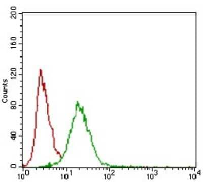 Flow Cytometry: Siglec-2/CD22 Antibody (1A3A11) [NBP2-37328] - Flow cytometric analysis of Hela cells using CD22 mouse mAb (green) and negative control (red).