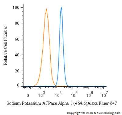 Flow Cytometry: Sodium Potassium ATPase Alpha 1 Antibody (464.6) - Purified [NBP2-61137] - An intracellular stain was performed on A549 cells with  NBP2-61137AF647 (Blue) and a matched isotype control (Orange). Cells were fixed with 4% PFA and then permeabilized with 0.1% saponin. Cells were incubated in an antibody dilution of 2.5 ug/mL for 30 minutes at room temperature. Both antibodies were conjugated to Alexa Fluor 647. Image using the Alexa Fluor 647 form of this antibody.